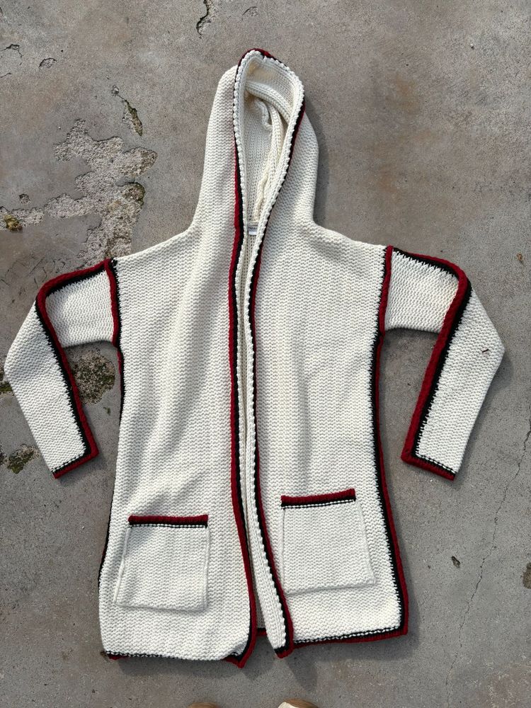 Other White Knitted Hooded Cardigan With Red Trim product image